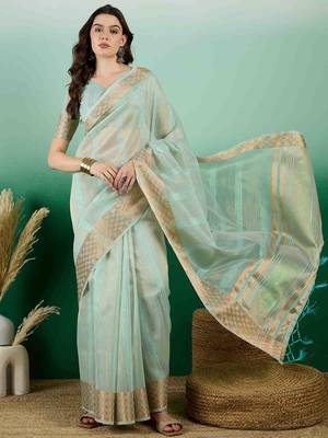 light green zari woven banarasi organza saree with unstitched blouse piece 1