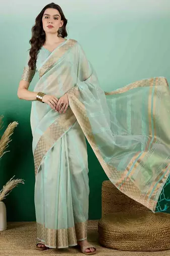 light green zari woven banarasi organza saree with unstitched blouse piece