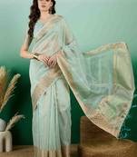 light green zari woven banarasi organza saree with unstitched blouse piece