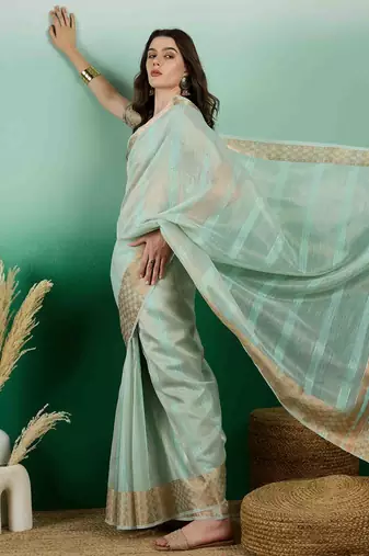 light green zari woven banarasi organza saree with unstitched blouse piece