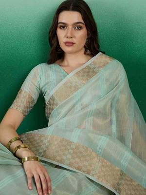 light green zari woven banarasi organza saree with unstitched blouse piece 3