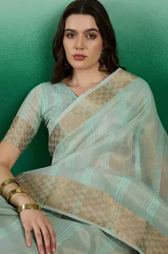 light green zari woven banarasi organza saree with unstitched blouse piece