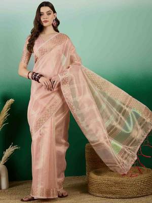 peach zari woven banarasi organza saree with unstitched blouse piece 1