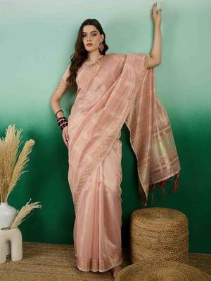 peach zari woven banarasi organza saree with unstitched blouse piece 2