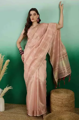peach zari woven banarasi organza saree with unstitched blouse piece