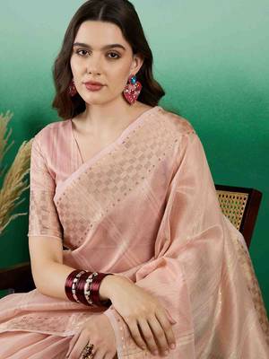 peach zari woven banarasi organza saree with unstitched blouse piece 3