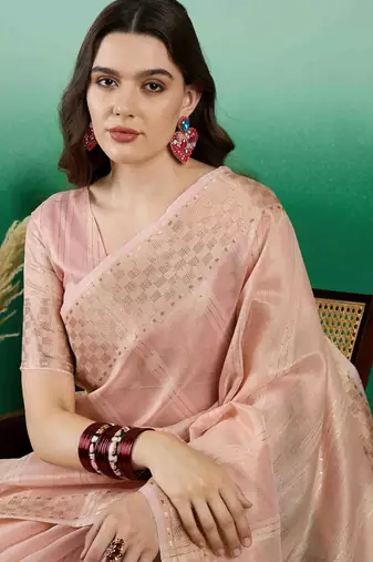 peach zari woven banarasi organza saree with unstitched blouse piece