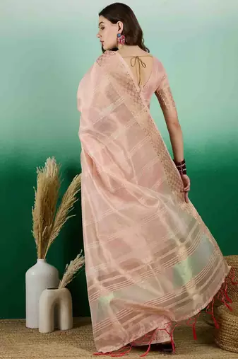 peach zari woven banarasi organza saree with unstitched blouse piece