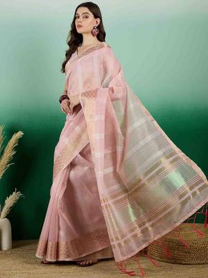 pink zari woven banarasi organza saree with unstitched blouse piece 1
