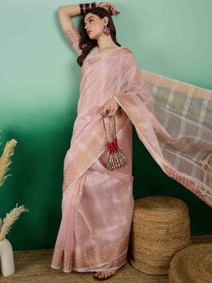 pink zari woven banarasi organza saree with unstitched blouse piece 2