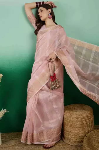 pink zari woven banarasi organza saree with unstitched blouse piece
