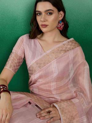 pink zari woven banarasi organza saree with unstitched blouse piece 3