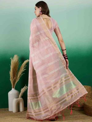 pink zari woven banarasi organza saree with unstitched blouse piece 4