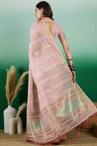 pink zari woven banarasi organza saree with unstitched blouse piece