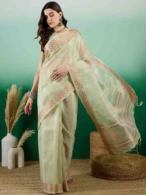 pista zari woven banarasi organza saree with unstitched blouse piece 1