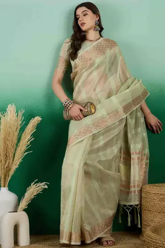 pista zari woven banarasi organza saree with unstitched blouse piece