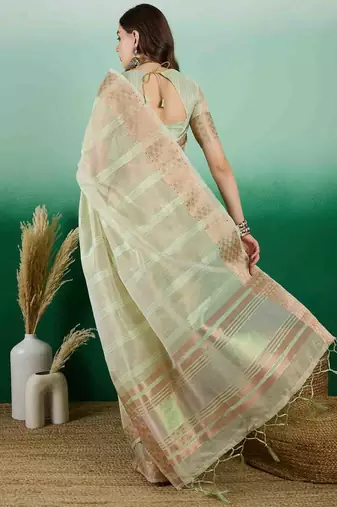 pista zari woven banarasi organza saree with unstitched blouse piece