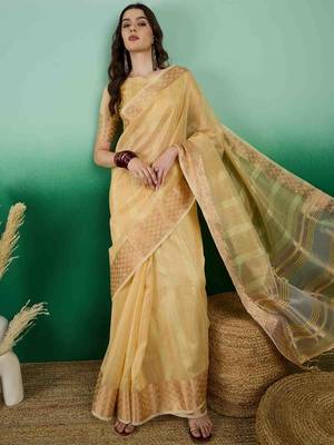 yellow zari woven banarasi organza saree with unstitched blouse piece 1