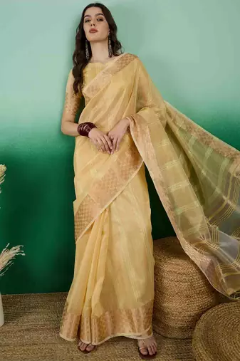 yellow zari woven banarasi organza saree with unstitched blouse piece