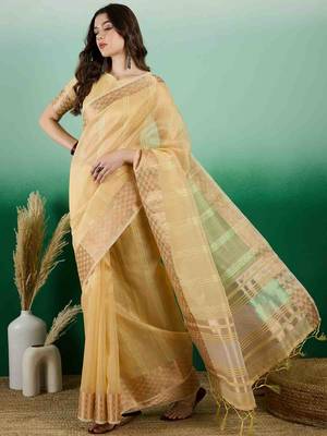 yellow zari woven banarasi organza saree with unstitched blouse piece 2
