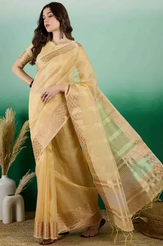 yellow zari woven banarasi organza saree with unstitched blouse piece