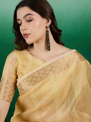 yellow zari woven banarasi organza saree with unstitched blouse piece 3