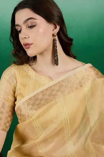 yellow zari woven banarasi organza saree with unstitched blouse piece