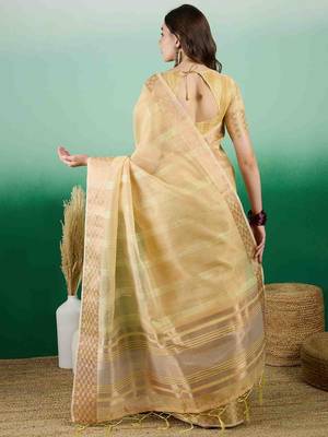 yellow zari woven banarasi organza saree with unstitched blouse piece 4