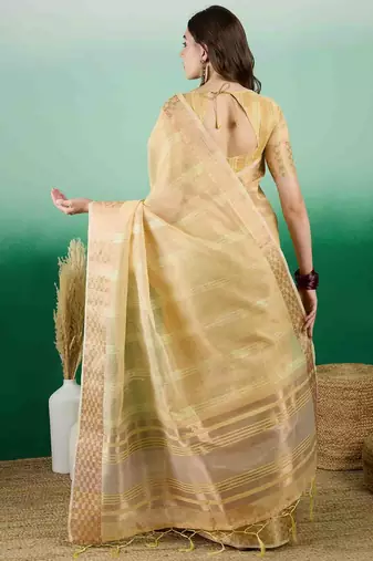yellow zari woven banarasi organza saree with unstitched blouse piece