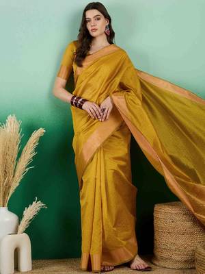 golden zari woven banarasi organza saree with unstitched blouse piece 1