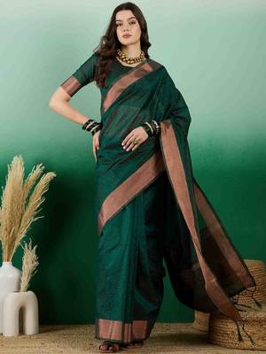 green zari woven banarasi organza saree with unstitched blouse piece 1