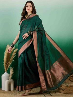 green zari woven banarasi organza saree with unstitched blouse piece 2