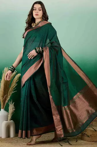 green zari woven banarasi organza saree with unstitched blouse piece