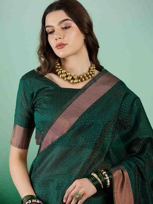 green zari woven banarasi organza saree with unstitched blouse piece 3