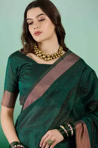 green zari woven banarasi organza saree with unstitched blouse piece