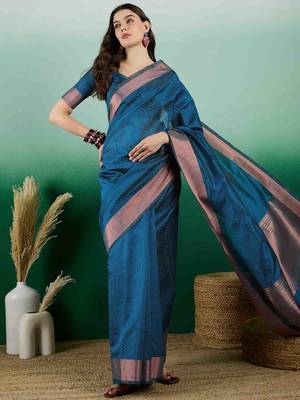 teal zari woven banarasi organza saree with unstitched blouse piece 1