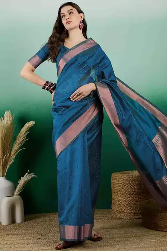 teal zari woven banarasi organza saree with unstitched blouse piece
