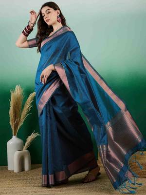 teal zari woven banarasi organza saree with unstitched blouse piece 2