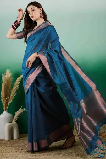 teal zari woven banarasi organza saree with unstitched blouse piece
