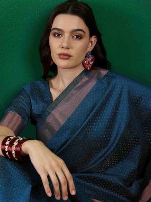 teal zari woven banarasi organza saree with unstitched blouse piece 3
