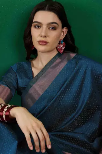 teal zari woven banarasi organza saree with unstitched blouse piece
