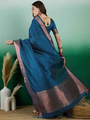 teal zari woven banarasi organza saree with unstitched blouse piece 4
