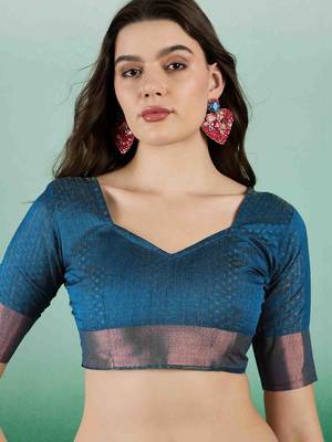 teal zari woven banarasi organza saree with unstitched blouse piece 5