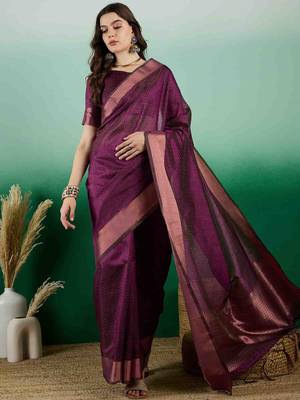 wine zari woven banarasi organza saree with unstitched blouse piece 1