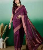 wine zari woven banarasi organza saree with unstitched blouse piece