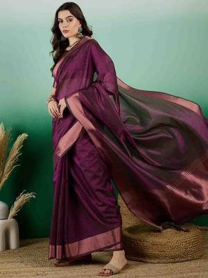 wine zari woven banarasi organza saree with unstitched blouse piece 2