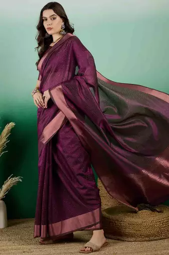 wine zari woven banarasi organza saree with unstitched blouse piece