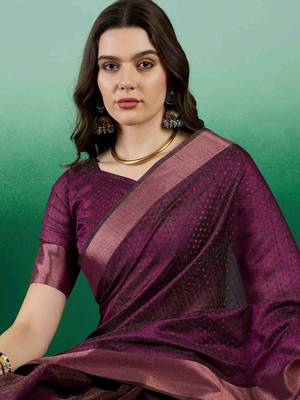 wine zari woven banarasi organza saree with unstitched blouse piece 3