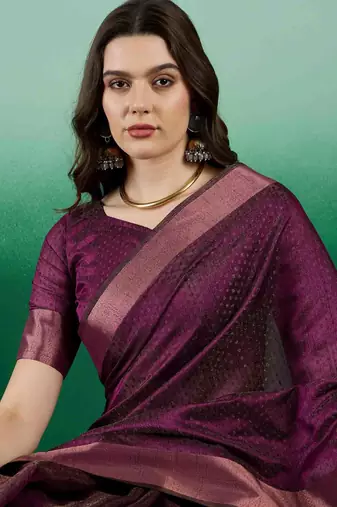 wine zari woven banarasi organza saree with unstitched blouse piece