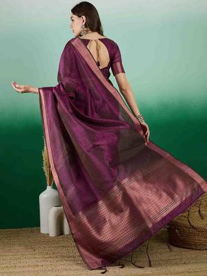 wine zari woven banarasi organza saree with unstitched blouse piece 4